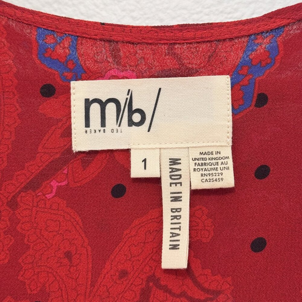 Ted Baker MiB Engels Red Ruffle Self Tie Crepe Paisley Print Blouse Size 1 Small - Picture 6 of 11